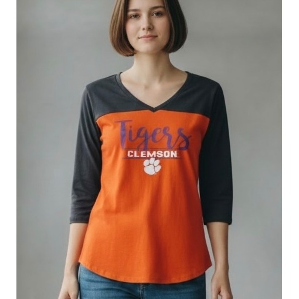 CLEMSON TIGERS Sleepwear Top Orange Grey V-Neck 3/4 Sleeve Medium
